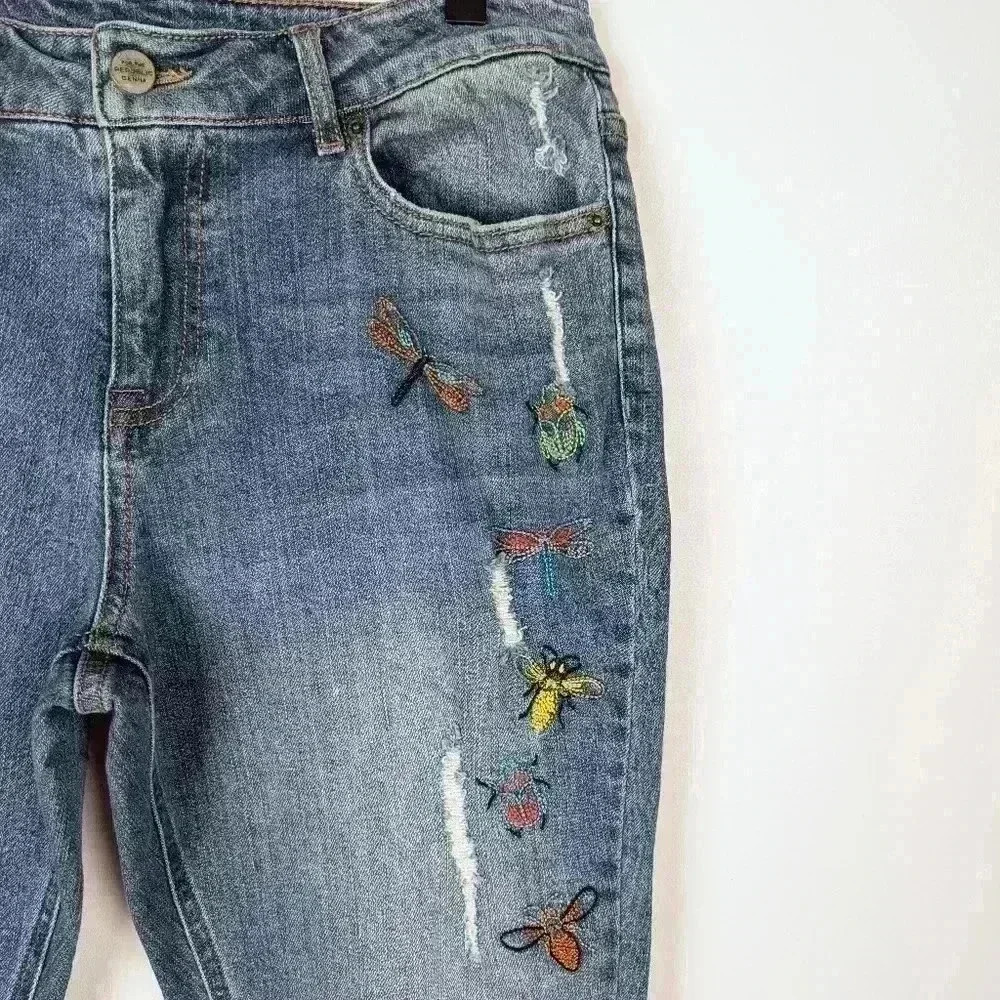 Bug Embroidered For The Republic Distressed Mid Rise Stretch Jeans Size 10/29